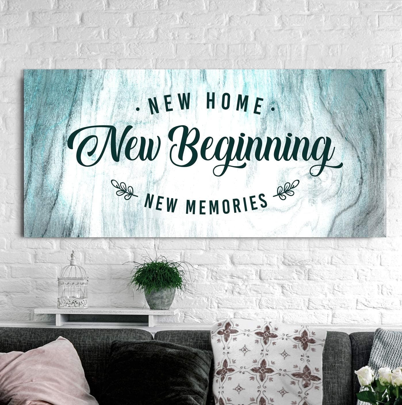 Sense of Art | New Home New Beginning Quote |Wood Framed Canvas | House Warming Presents| Home Decor for Living Room |Rustic Home Decoration (Teal White, 42x19)…