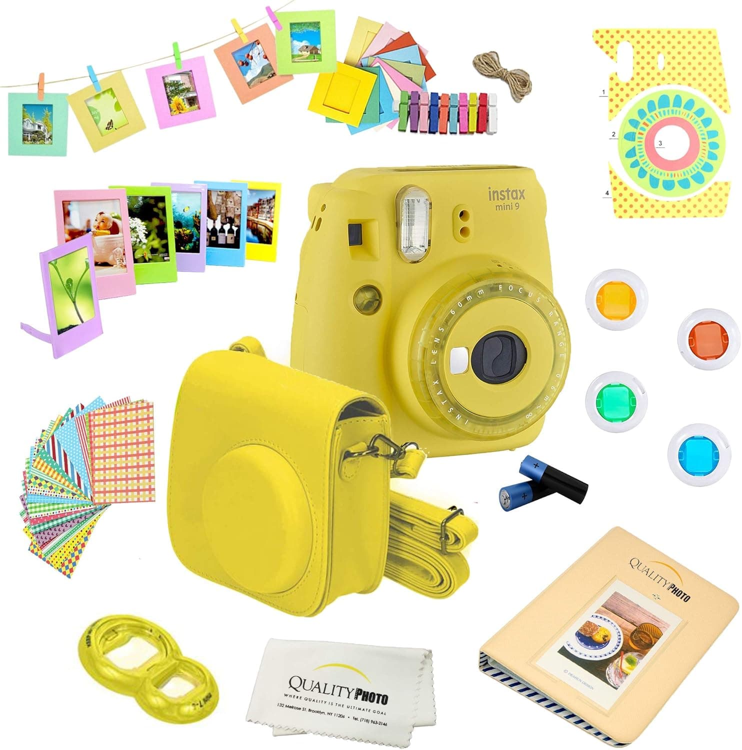 Fujifilm Instax Mini 9 Camera + 14 PC Instax Accessories kit Bundle, Includes; Instax Case + Album + Frames & Stickers + Lens Filters + More (Yellow)