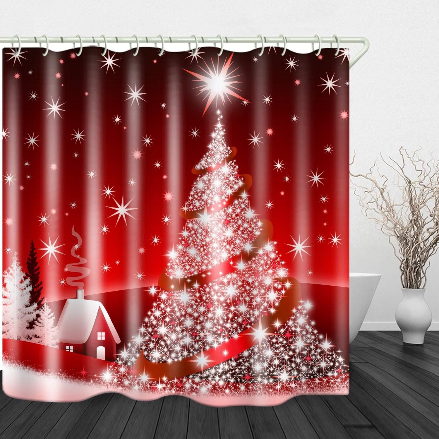 Christmas Tree Red Print Shower Curtain Waterproof Polyester Cloth & Rustproof Copper Buckle Non-Pollution 71 x 71 inches