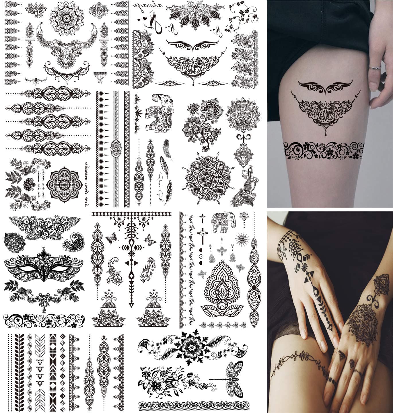 Waterproof Temporary Metallic Black Tattoos, Body Art Fake Tattoo Stickers For Women Teens Girls Kids Adults 10 Sheets-Over 100+ Designs