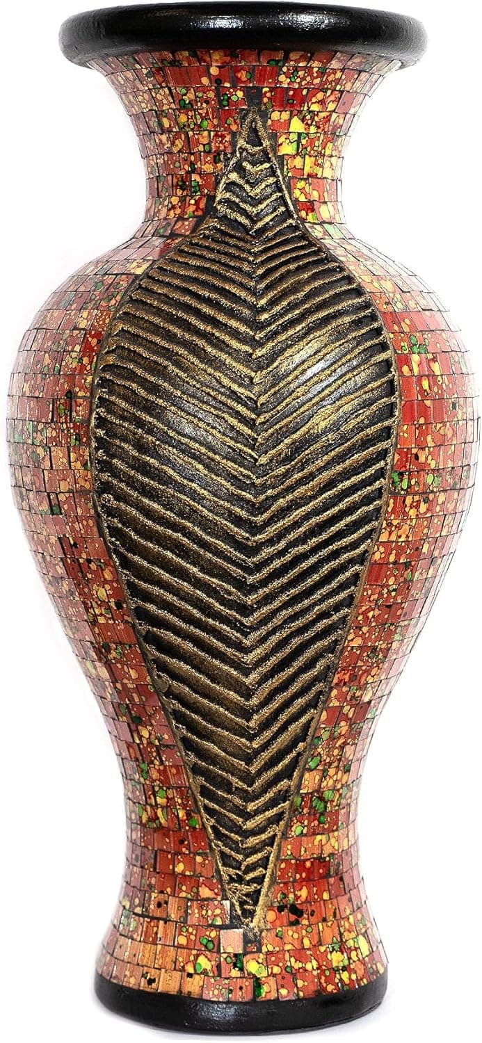 Zorigs Floor Vase – Tall Cylinder Made of Terracotta with Red, Orange, Yellow, Black Glass Mosaic Pieces – Exquisite Home Decor Accent Piece – 24 x 10 Inches - for Hallway, Living Room