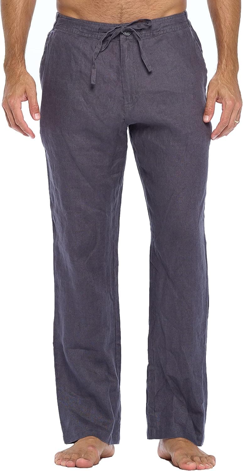 Mariyaab Men's Casual 100% Linen Pants with Drawstring and Elastic Waist