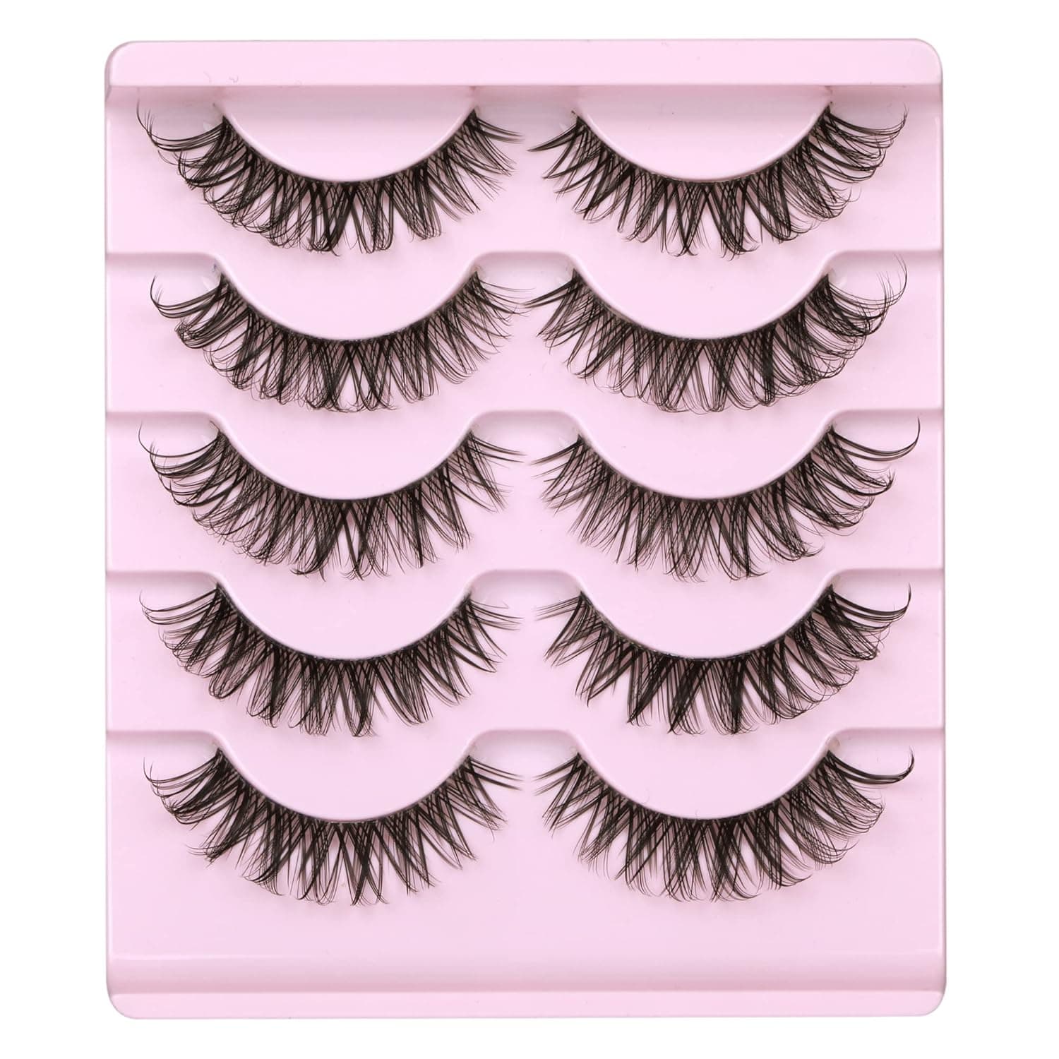 Lanflower Eyelashes Natural Look Cat Eye Clear Band DD Curl Russian Strip Lashes Wispy Tapered End 5 Pairs False Lashes Pack