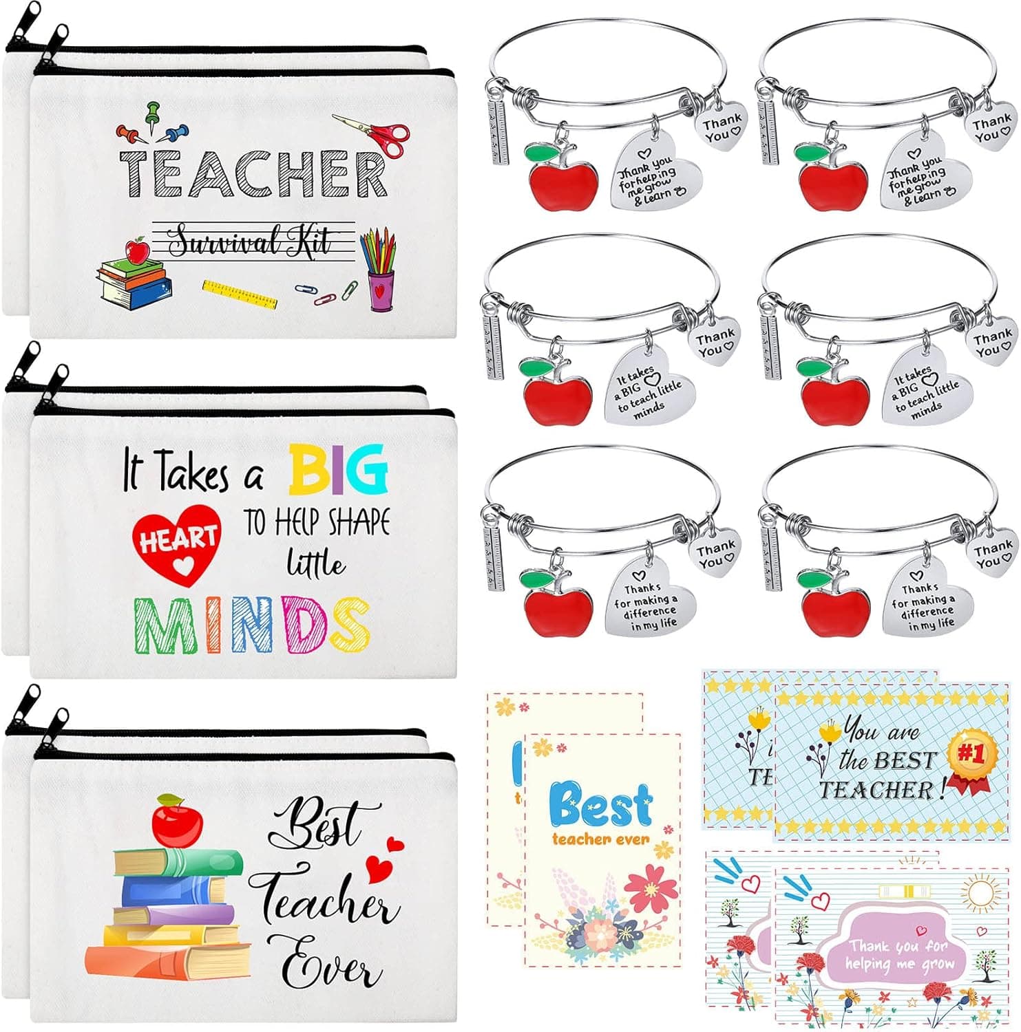 Saintrygo 18 Pcs Teacher Appreciation Gift Set 6 Teacher Makeup Bags Cosmetic Bags 6 Pieces Bangle Bracelets 6 Pieces Teacher Blessing Card End of Year Thank You Gifts for Teacher, multicolor