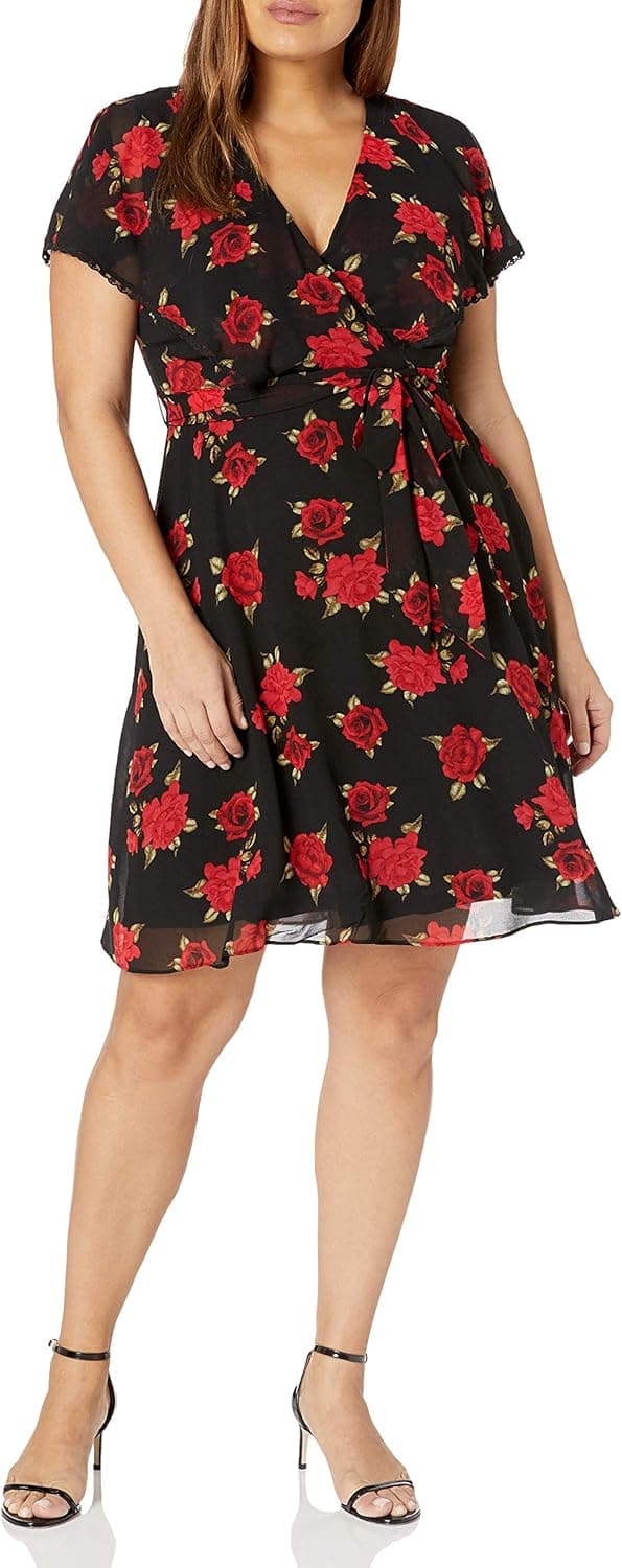 City Chic Women's Apparel Women's Plus Size Floral Dress with Faux Wrap Detail Neckline