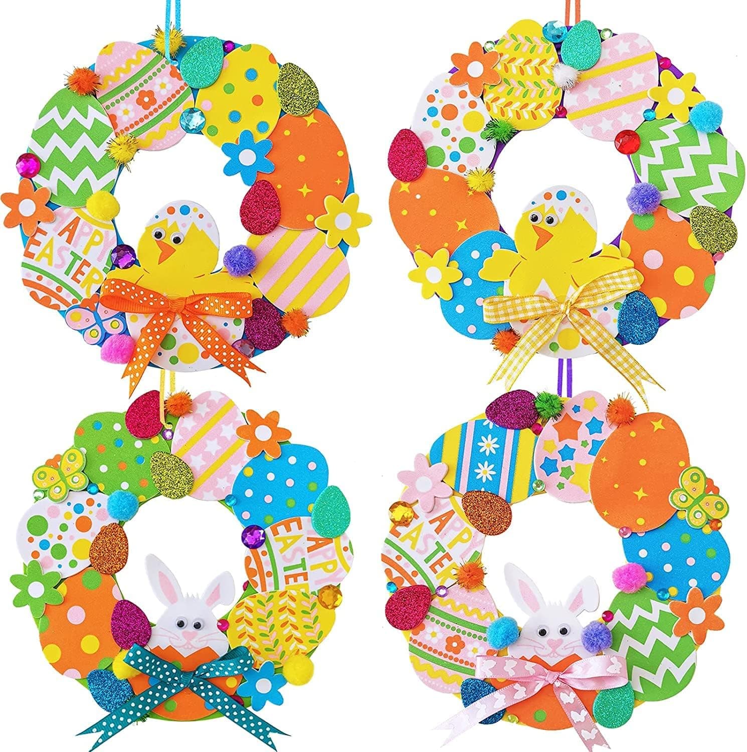12 Sets Easter Wreath Signs Decorations DIY Foam Easter Craft Kits Easter Eggs Bunny Chick Foam Stickers Pom-Poms Googly Eyes for Kids Classroom Home Activity Art Project Gift Easter Front Door Décor