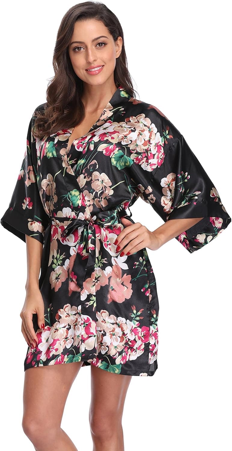 CostumeDeals Women's Satin Robes Bridesmaid Floral Robe Silky Short Kimono Bathrobe Wedding Party Dressing Gown