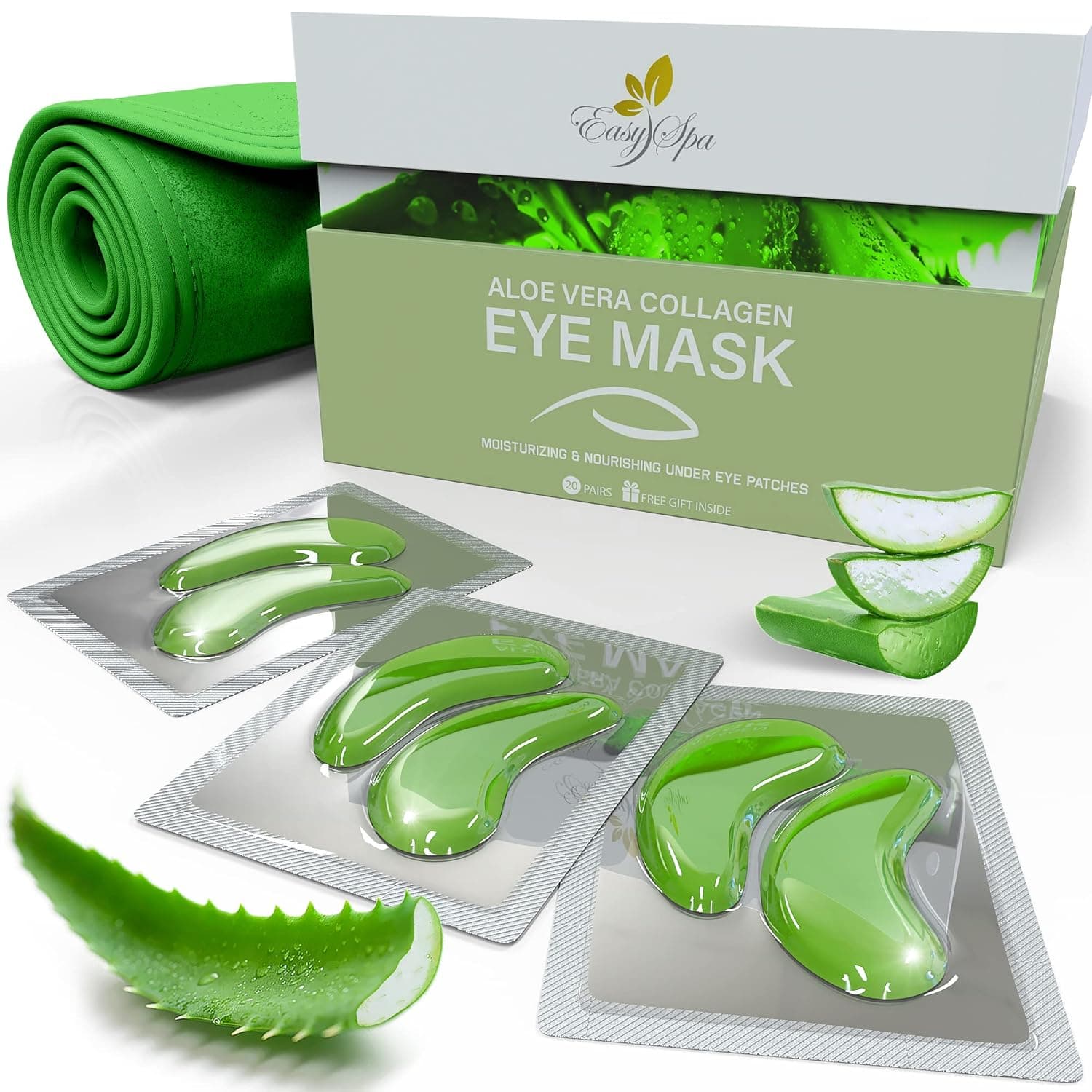 EASYSPA Under Eye Mask, Aloe Vera Gel Eye Mask, Eye Patches for Puffy Eyes, Dark Circles Under Eye Treatment for Women & Men, Hydrogel Eye Patch, Skin Care - 20 Pairs Under Eye Gel Pads + Hair Band