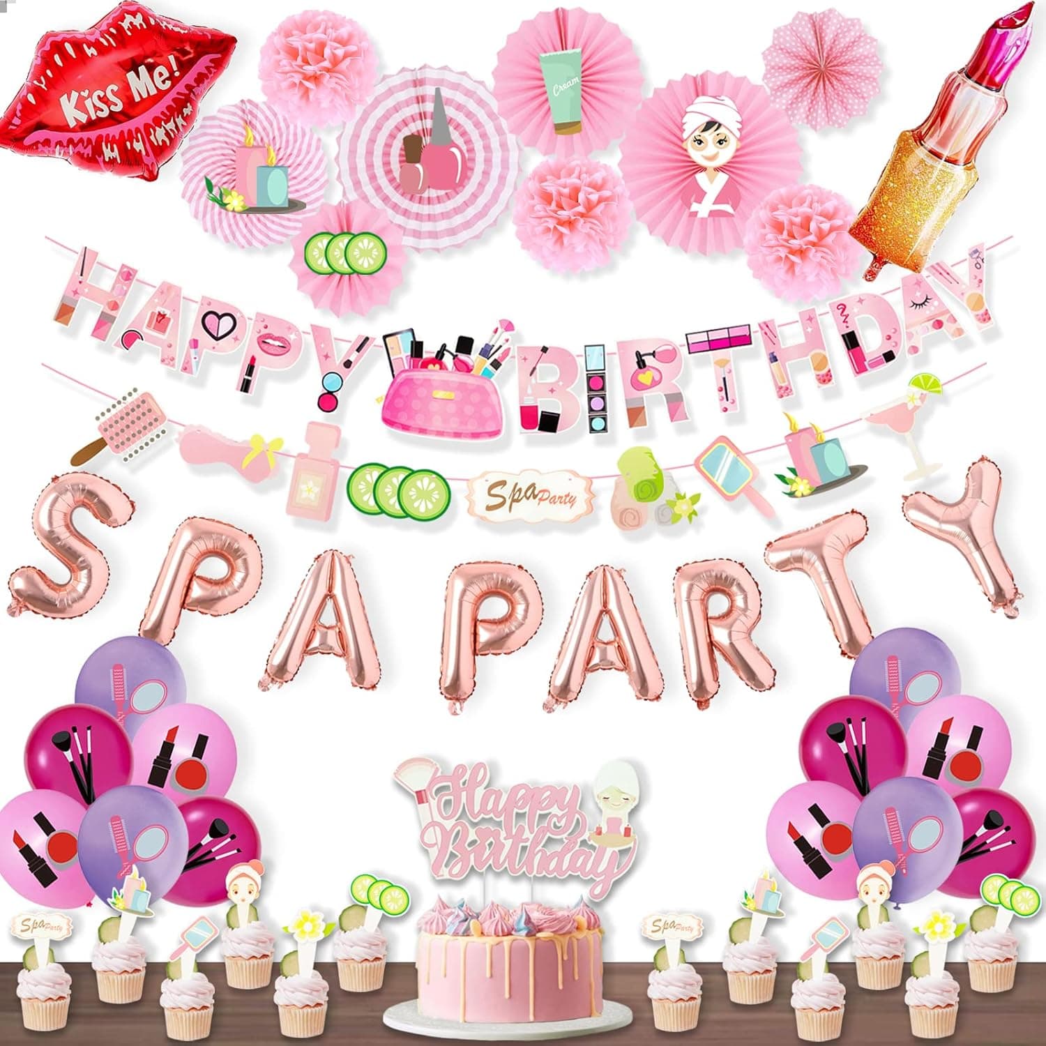 51 PCs Spa Party Supplies for Girls, Hombae Spa Makeup Birthday Party Decorations Pink Spa Day Salon Themed Lipstick Cosmetics Fan Cutout Pom Happy Birthday Banner Balloon Cake Cupcake Topper