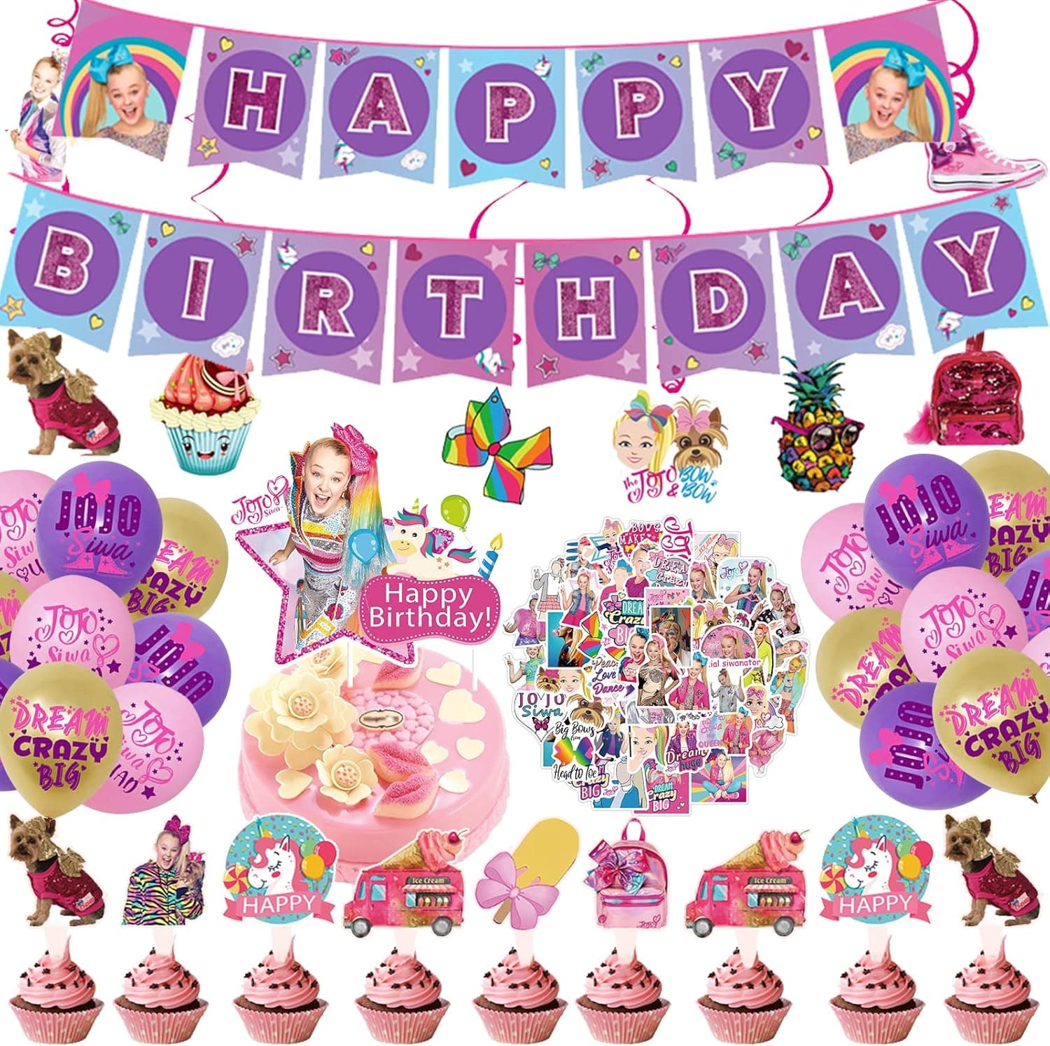 JoJo Birthday Party Supplies, 102 PCS Birthday Decorations Set Include Banner, Latex Balloons, Hanging Swirls, Cake Cupcake Toppers, Stickers Favors for Kids Girls Siwa Theme Party