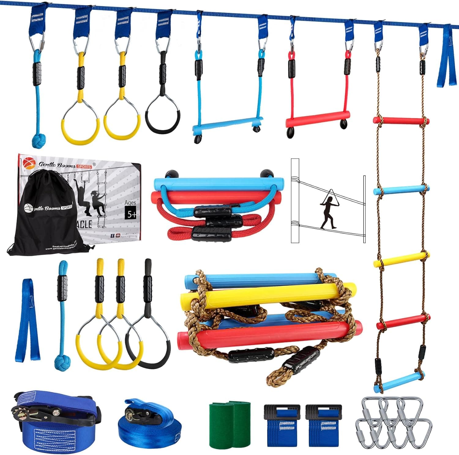 Ninja Warrior Obstacle Course for Kids, 2×56ft Slackline Kit with 8 Ninja Accessories - Monkey Bar, Rope Ladder, Gymnastic Ring, Arm Trainer and Monkey Fist