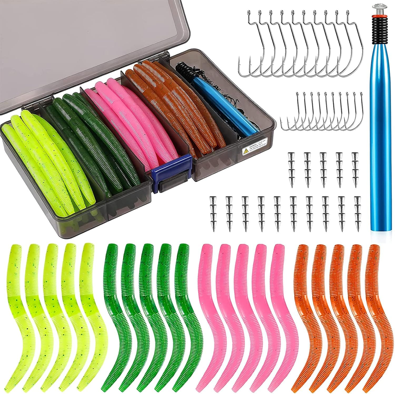 PLUSINNO Wacky Worm Fishing Lure Kit, Soft Plastic Fishing Lures, Grub Baits Hook Wacky Rig Bass Trout Fishing Worms Lures w/Tackle Box