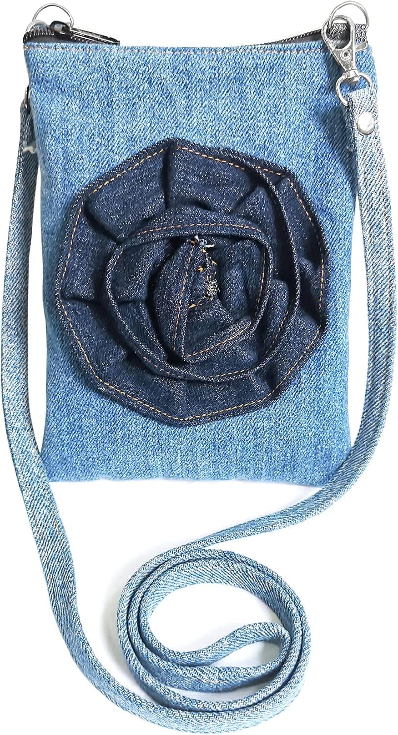 Bijoux De Ja Upcycling Blue Denim Jeans Flower Fabric Decorative Small Cell Phone Flat Crossbody Bag Purse Handbag for Women