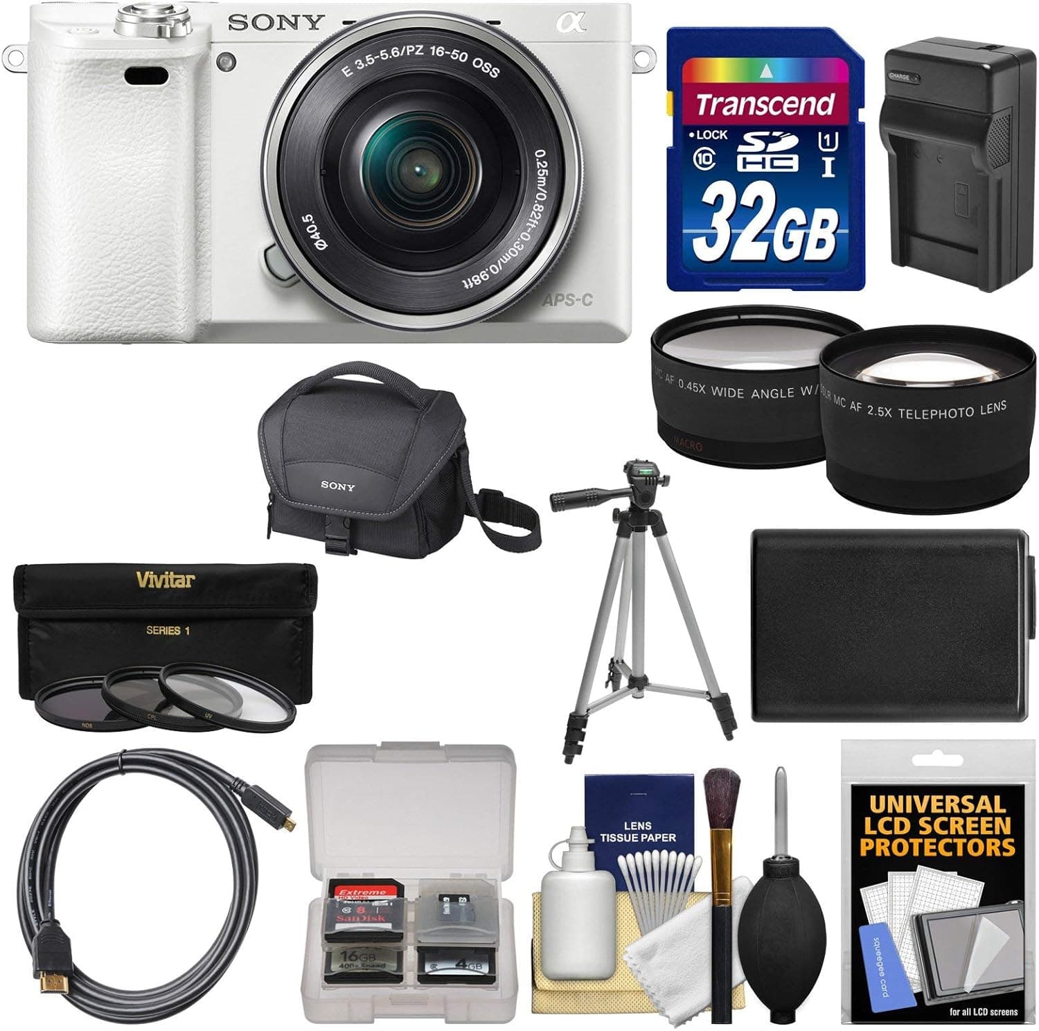 Sony Alpha A6000 Wi-Fi Digital Camera & 16-50mm Lens (White) with 32GB Card + Case + Battery/Charger + Tripod + Tele/Wide Lens Kit