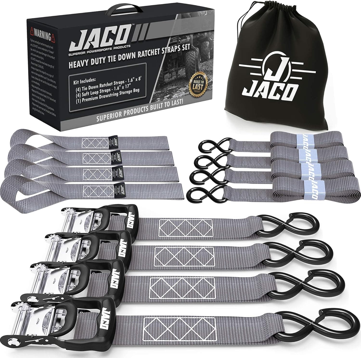 JACO Heavy Duty Ratchet Straps - 1.6 in x 8 ft (4 Pack) | Tie Down Kit with Soft Loops - 5,208 lbs (Grey)