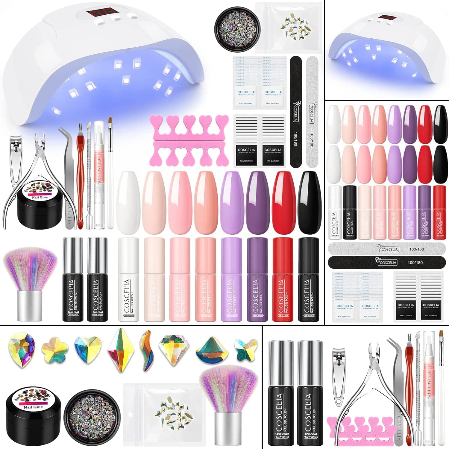 Gel Nail Polish Kit with U V Light Starter Kit 8pcs Gel Polish Set Summer Colors Base Top Coat Nail Art Rhinestones Gel Nail Kit Manicure Nail Tools DIY Home Gift for Women
