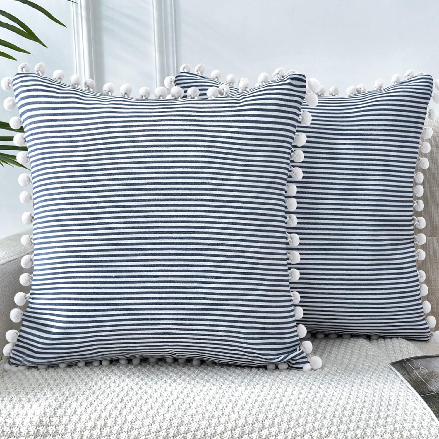 LHKIS Throw Pillow Covers 20x20, Purplish Blue Streak Decorative Velvet Farmhouse Pillow Cases Cushion Cover with Pom Poms for Couch Sofa Bedroom, Set of 2