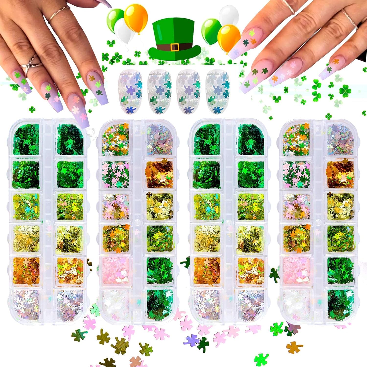 EBANKU 4 Boxes Holographic Clover Glitter Sequin Resin Glitter, Green Weed Glitter Laser Confetti Glitter Flakes for St. Patrick's Day DIY Nail Art Design Resin Crafts