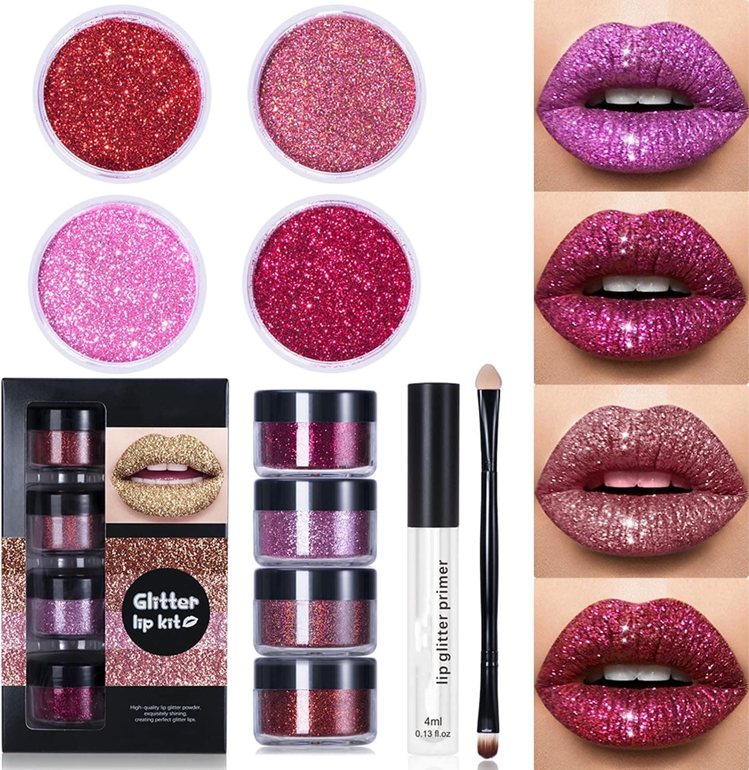 MAEPEOR 4 Colors Glitter Lip Kit Diamond Metallic Shimmer Lip Powder with Primer and Brush for Lips Nails Art (Pink Red, Set A)