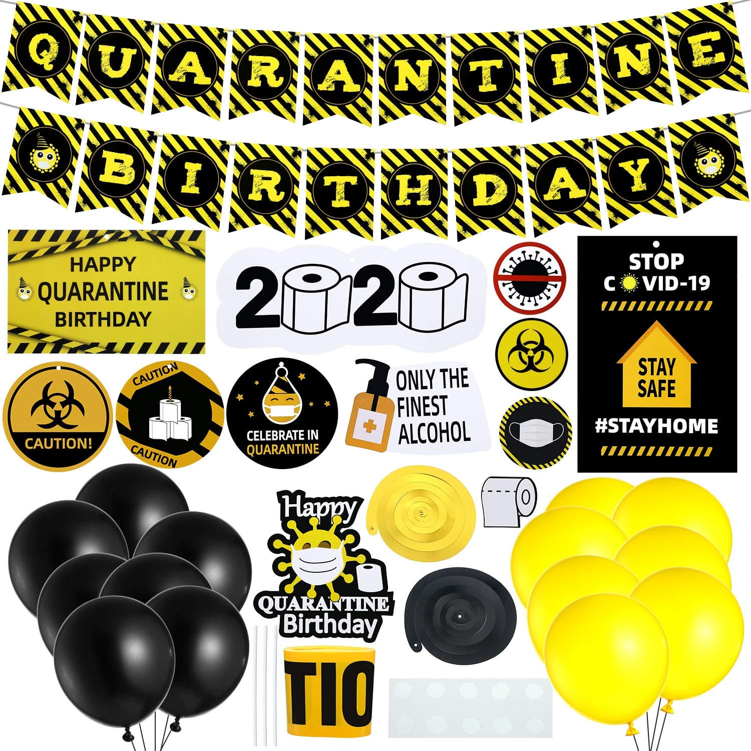 41 Pieces Quarantine Birthday Banner Supplies Set Happy Birthday Cake Topper and Cupcake Toppers Social Distancing Stay Home Birthday Decorations Kids