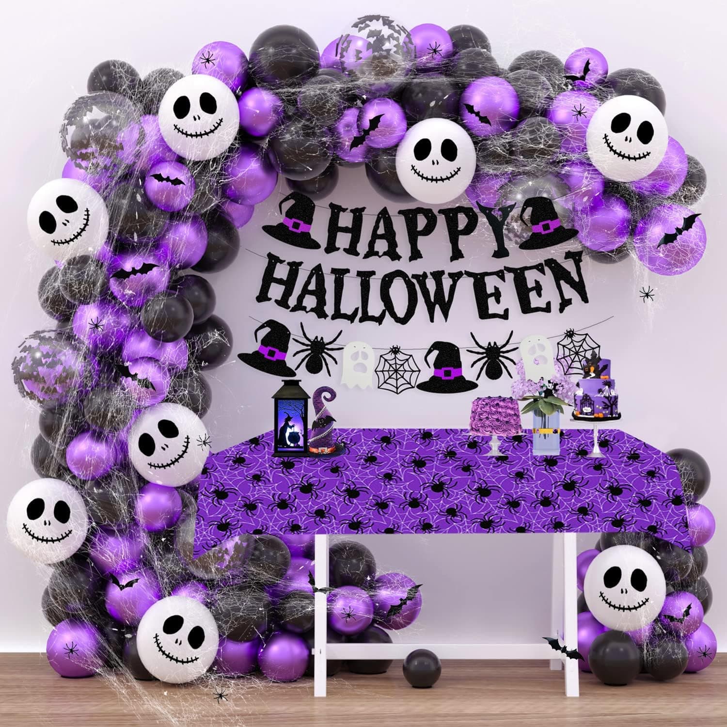 Black Purple Halloween Balloon Arch kit Happy Halloween Banner White Skull Latex Balloons Bat Confetti Balloon Garland Sticker Spider Webs Table Cover Set for Scary Halloween Party Decorations