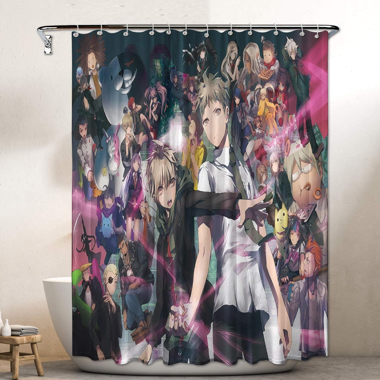 Heat Danganronpa Shower Curtain Anime Merchandise Anime Fabric Shower Curtain Set for Showers Bathroom Decor 72x72in