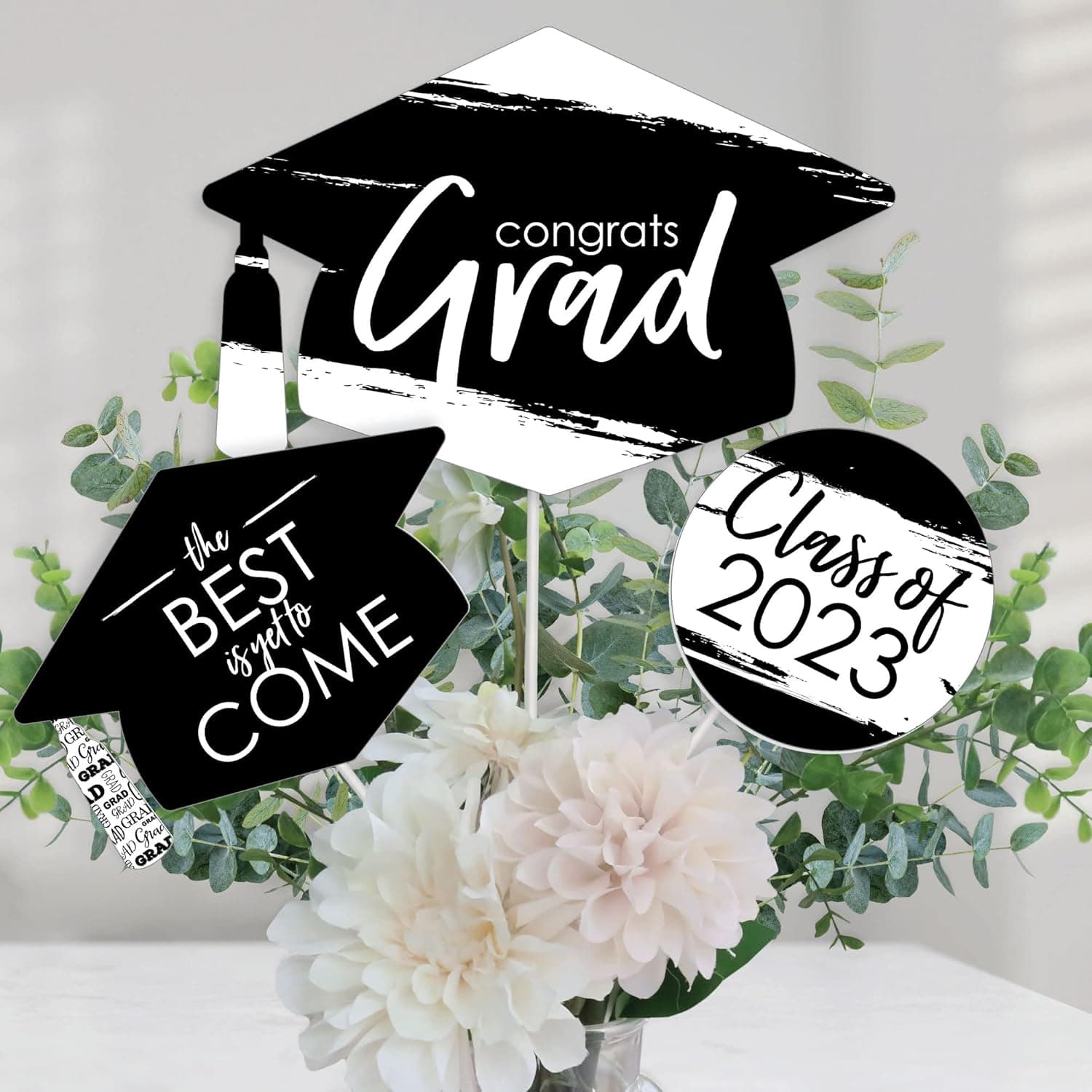 Big Dot of Happiness Black and White 2023 Graduation Party Centerpiece Sticks - Table Toppers - Set of 15