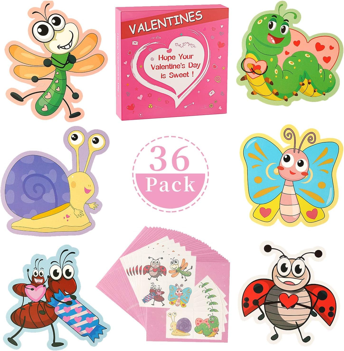 Valentines Day Cards for Kids-36 Set Kids Valentines Cards with Temporary Tattoos & Pink Envelopes,School Valentines Exchange Cards for Kids,Children Valentine Greeting Cards for Class Party Favors