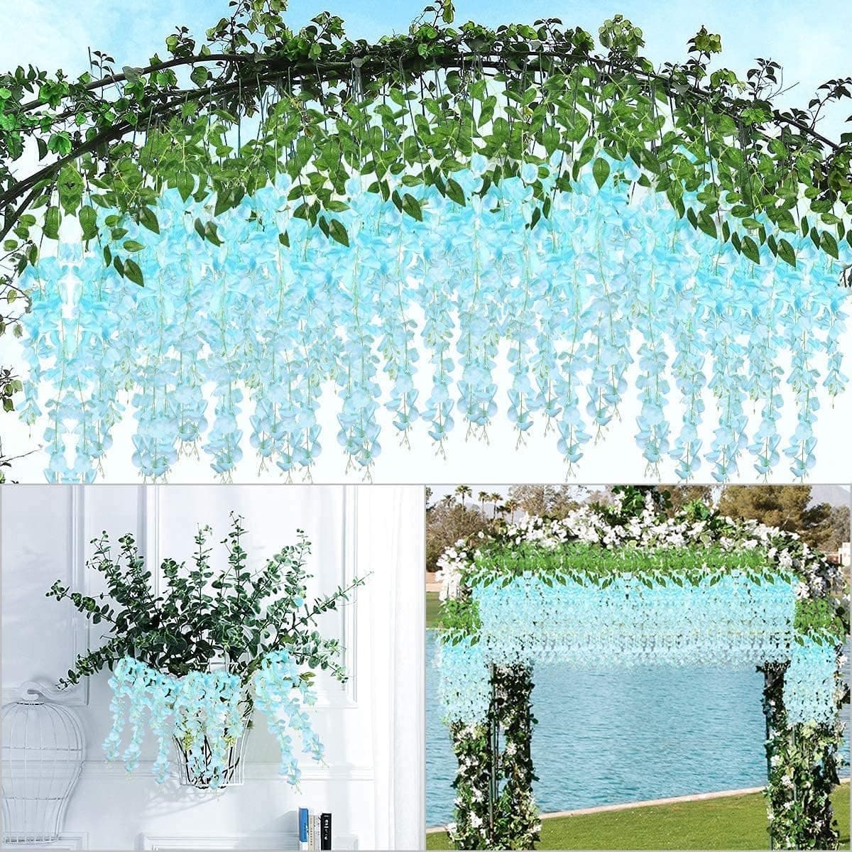 IMIKEYA 12 Pieces Wisteria Artificial Flower 3.25 Feet Wisteria Vine Ratta Hanging Garland Silk Fake Wisteria Flowers String for Wedding Party Home Garden Decor, Blue