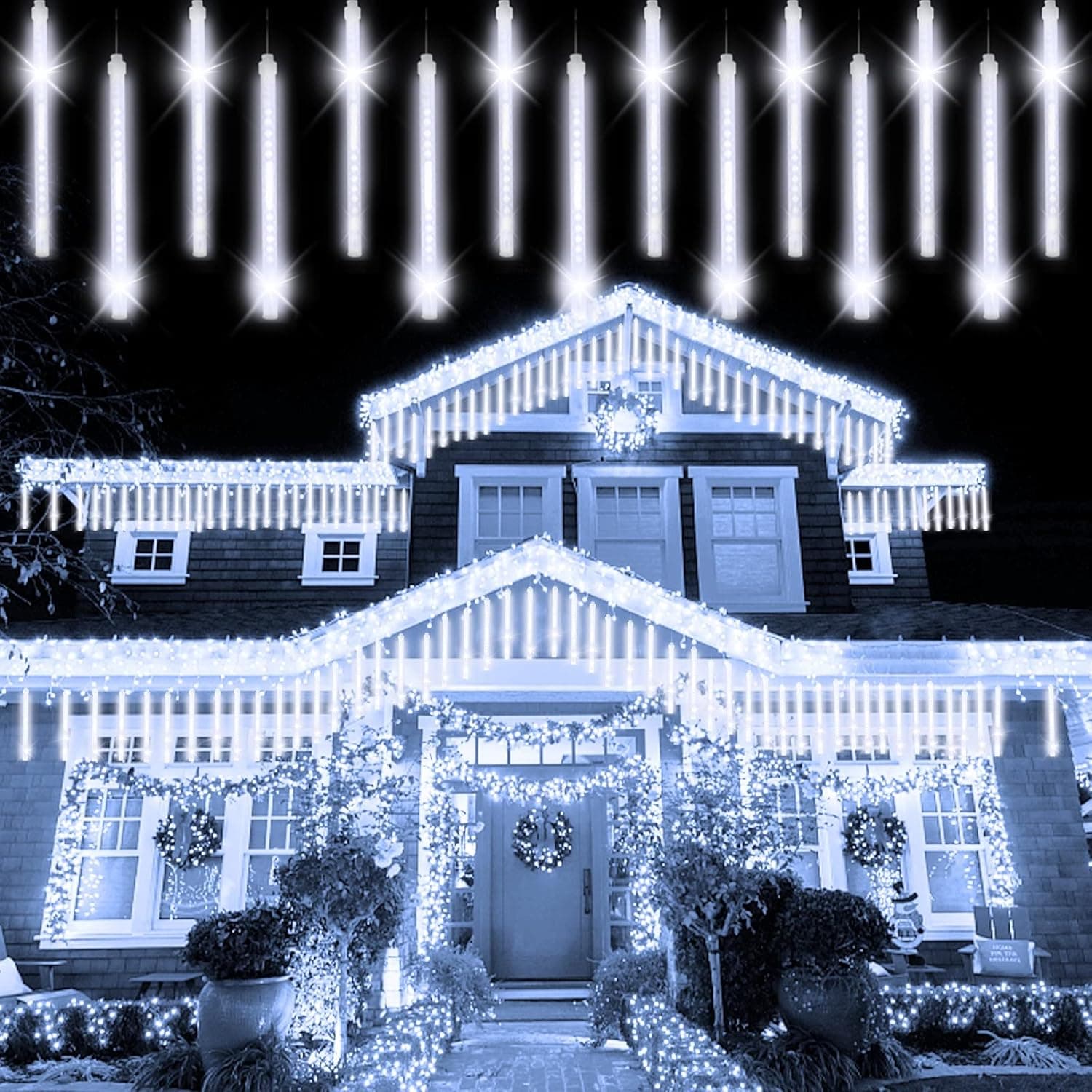 TURNMEON Meteor Shower Icicle Lights Outdoor Christmas Lights 288 LED 12 Inch 8 Tube Waterproof Snow Falling LED Icicle Lights Rain Raindrop Xmas Lights for House Yard Tree Decorations (Cool White)