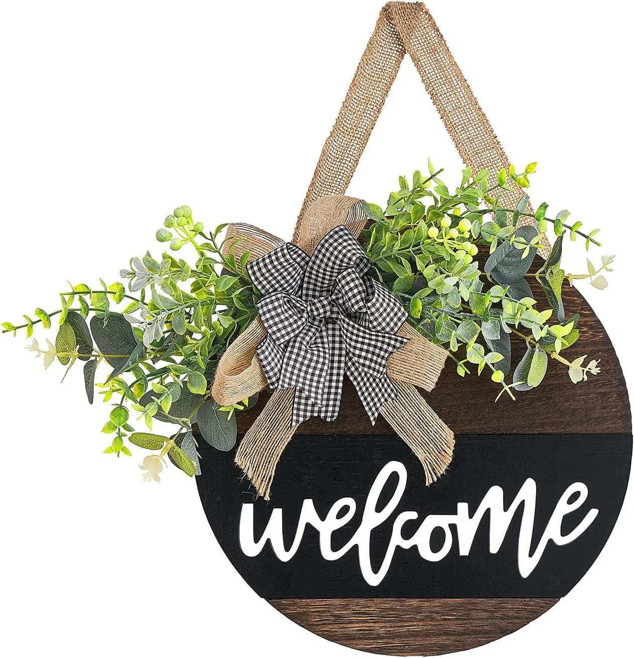 Dahey Rustic Welcome Sign with Artificial Eucalyptus Front Door Decor Round Wood Hanging Sign Farmhouse Porch Decorations for Home Outdoor Indoor, Black, Small