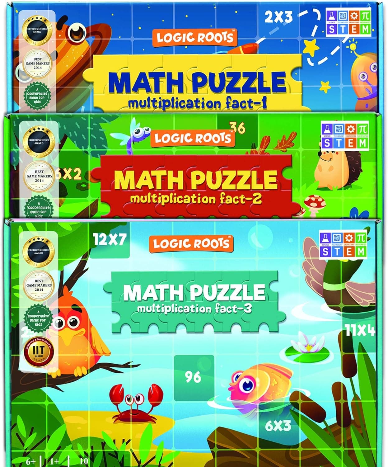 Logic Roots Math Puzzles for Kids Age 7 Multiplication 1,2 & 3 Combo