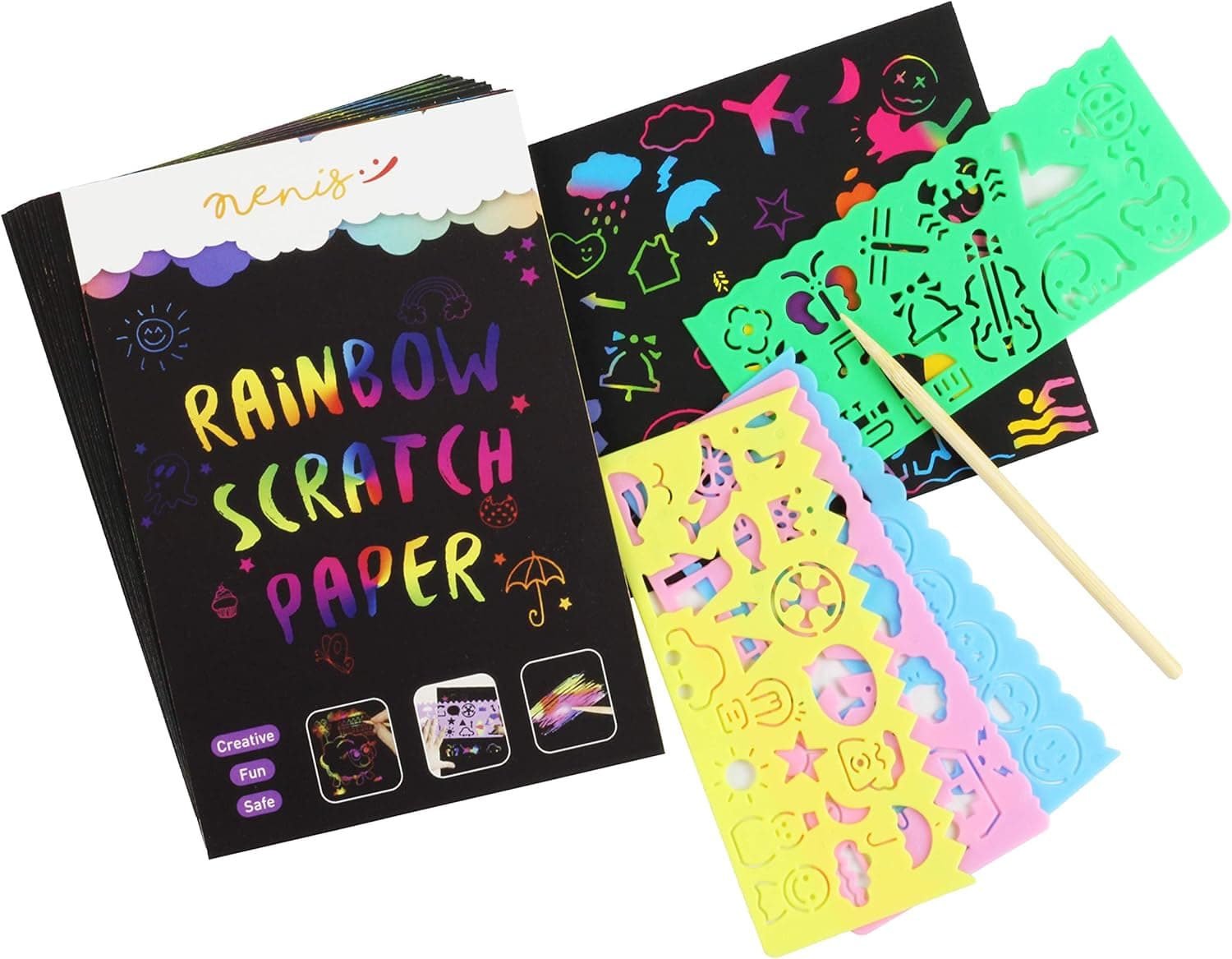 Nenis Rainbow Scratch Paper Art Set for Kids. 50 Sheets of Black Magic Scratch it Off Art Craft Notes Boards with 5 Wooden Stylus, 4 Stencils 1 Pencil Sharpener for Christmas, Birthday, Easter Party
