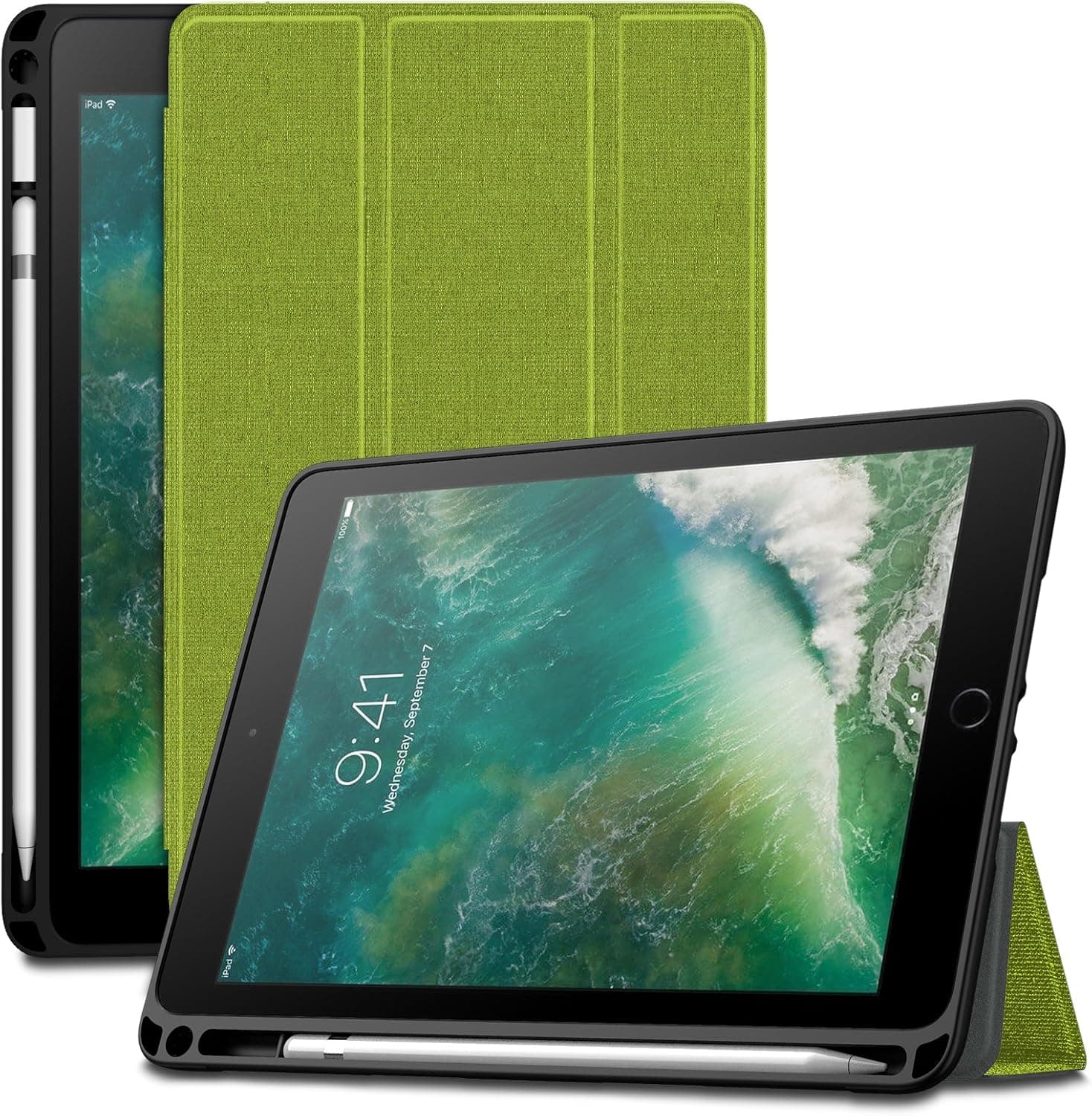 Infiland iPad 9.7 Inch 2018 Tri-Fold Cover Case With Apple Pencil Holder (Auto Wake/Sleep), Green