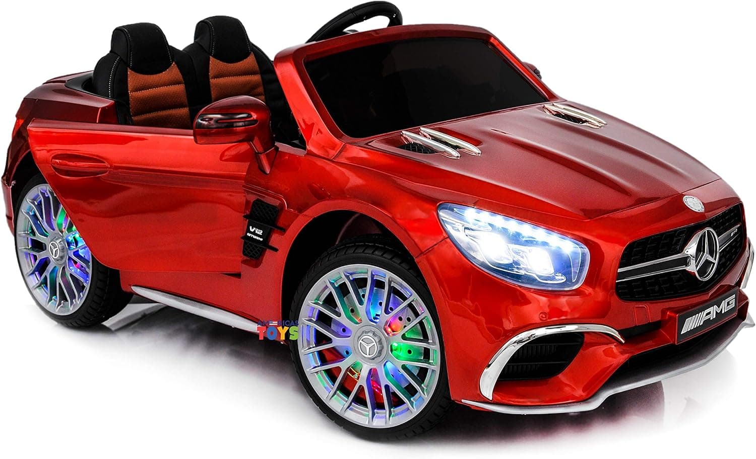 Americas Toys Ride On Car with Remote Control, Mp4 Player, LED Wheels, Open Trunk – Kids Car One Seater with Leather Seat, 4 Wheels Suspension, Music Steering Wheel, Compatible with Mercedes Benz Red
