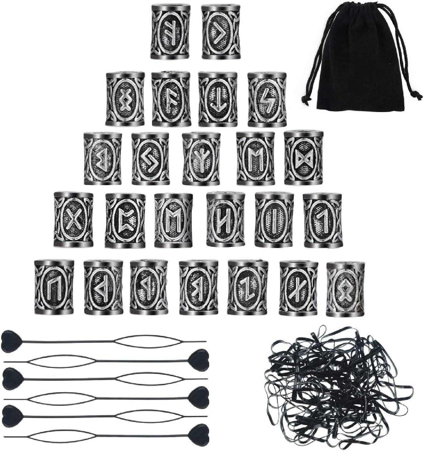 FOGAWA 24 Pcs Norse Viking Rune Beads Black Viking Hair Beard Beads with 6 Pcs Quick Beaders 300 Pcs Rubber Bands and Flannel Bag for Making Bracelets Necklace Hair Decor