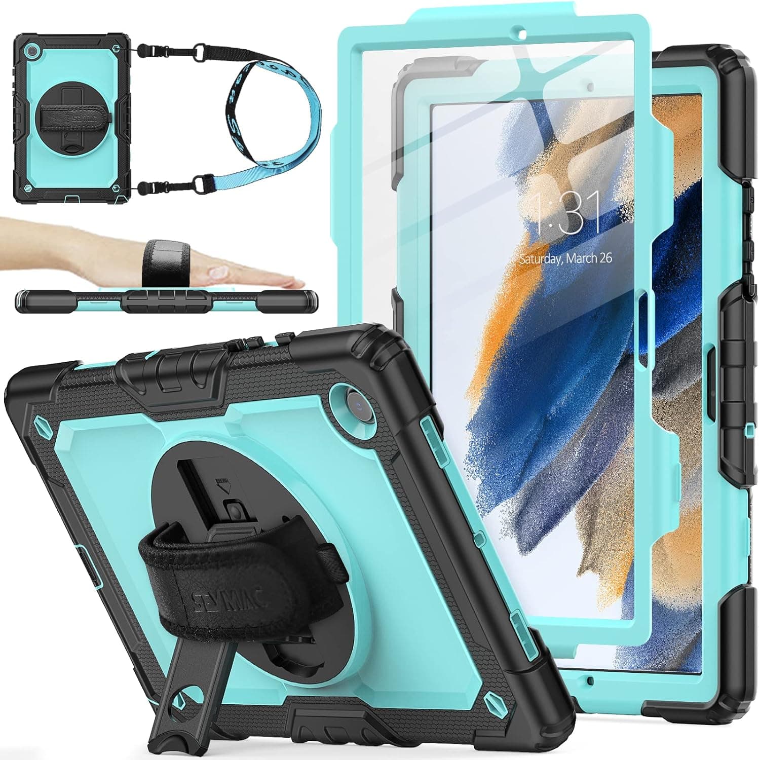 SEYMAC stock Case for Samsung Galaxy Tab A8 10.5'' 2022 with Screen Protector Pencil Holder [360 Rotating Hand Strap] &Stand, Drop-Proof Case for SM-X200/X205/X207 Galaxy Tab A8, SkyBlue+Black