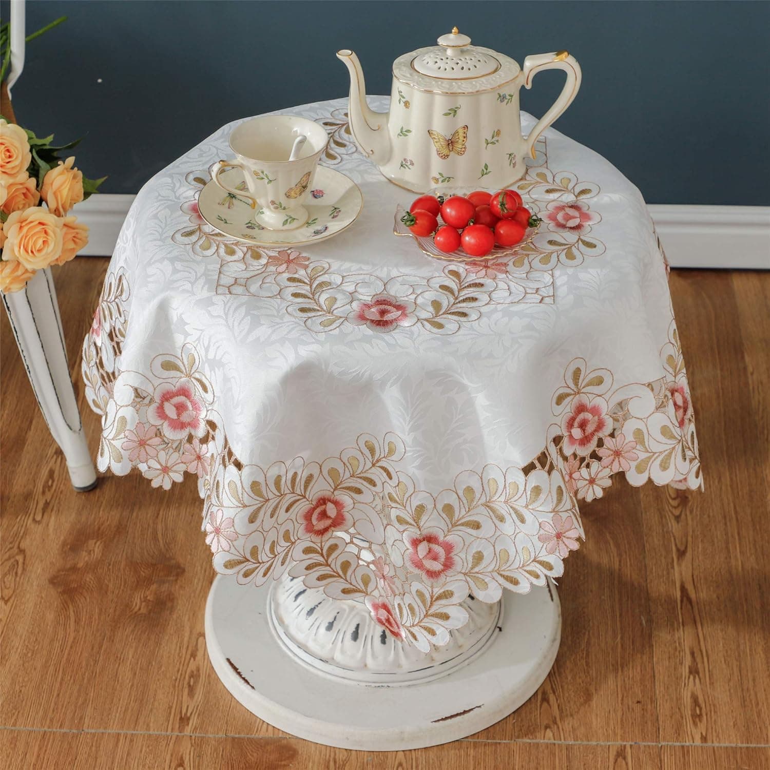 OKEPS Hxeredueeef Honbeanify YuanKanJu Pink Flower Embroidered hemstitch Cream Spring Round tablecloths Small 32 inch Approx…
