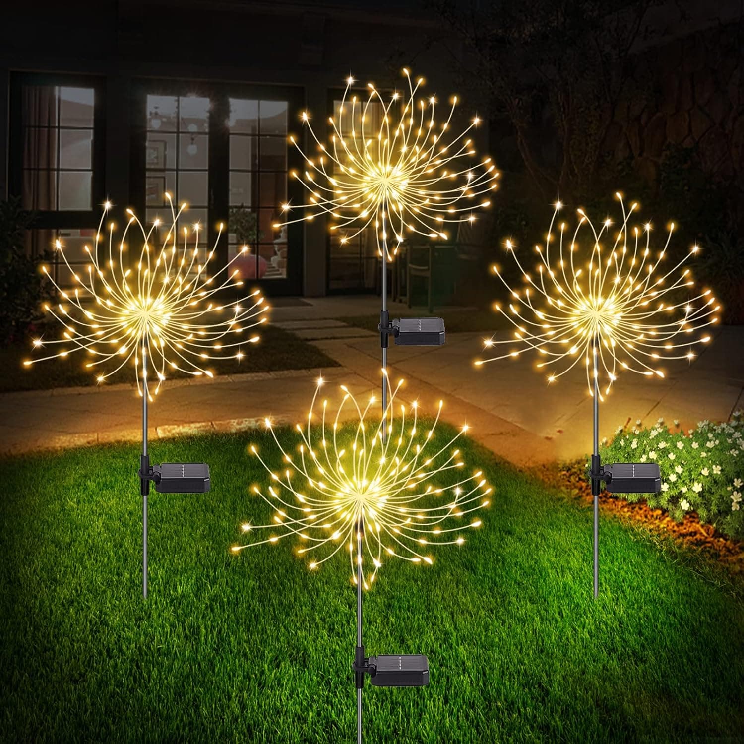 botfal 4 Pack Solar Firework Lights, Solar Garden Lights Outdoor 120 Led, Waterproof Stake Landscape Lights with 8 Flashing Modes, for Garden Pathway Courtyards Wedding Christmas Decor (Warm White)