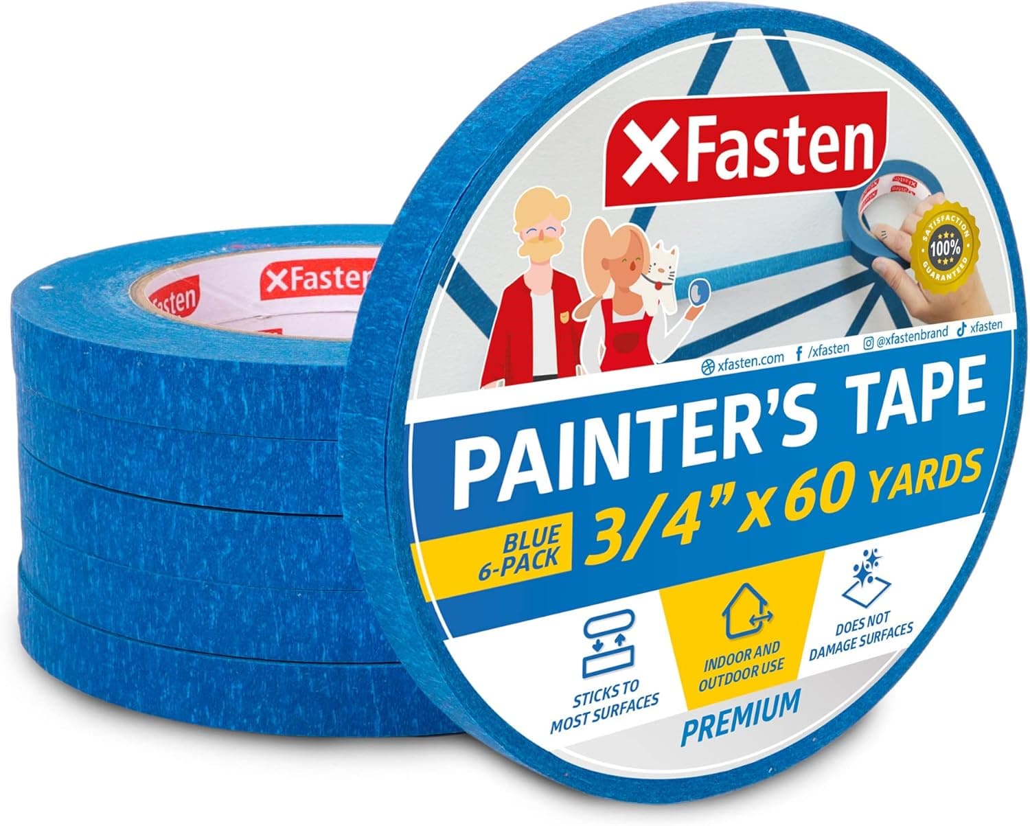 XFasten Blue Painters Tape, Multi-Use, 3/4 Inches x 60 Yards (Pack of 6) Blue Painters Masking Tape Bulk - Sharp Edge Line Technology, Produces Sharp Lines | Residue-Free Wall Trim Tape