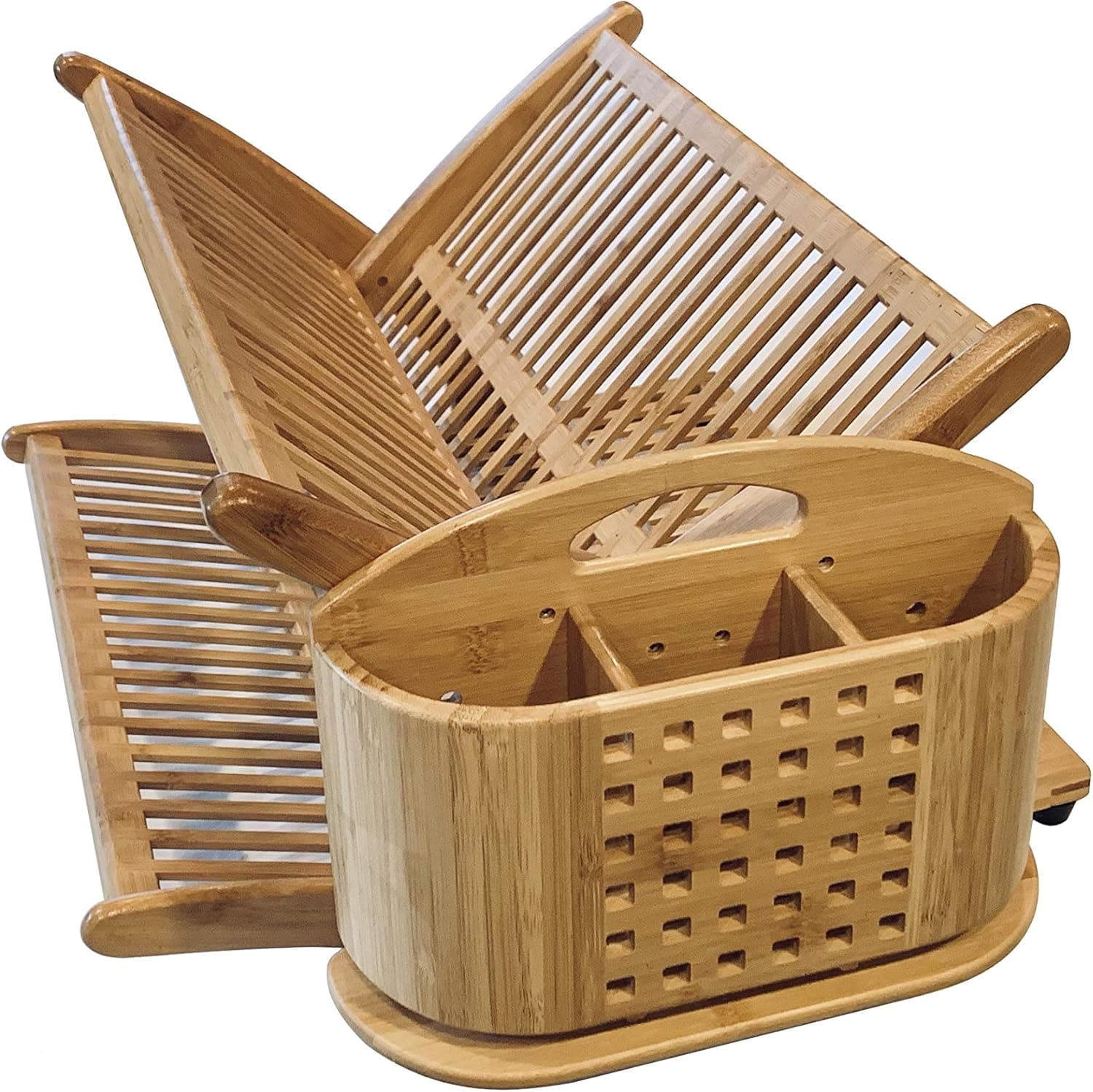 Eco Friendly Large Collapsable Bamboo Dish Drying Rack with FREE Detachable and Breathable Utensil Holder