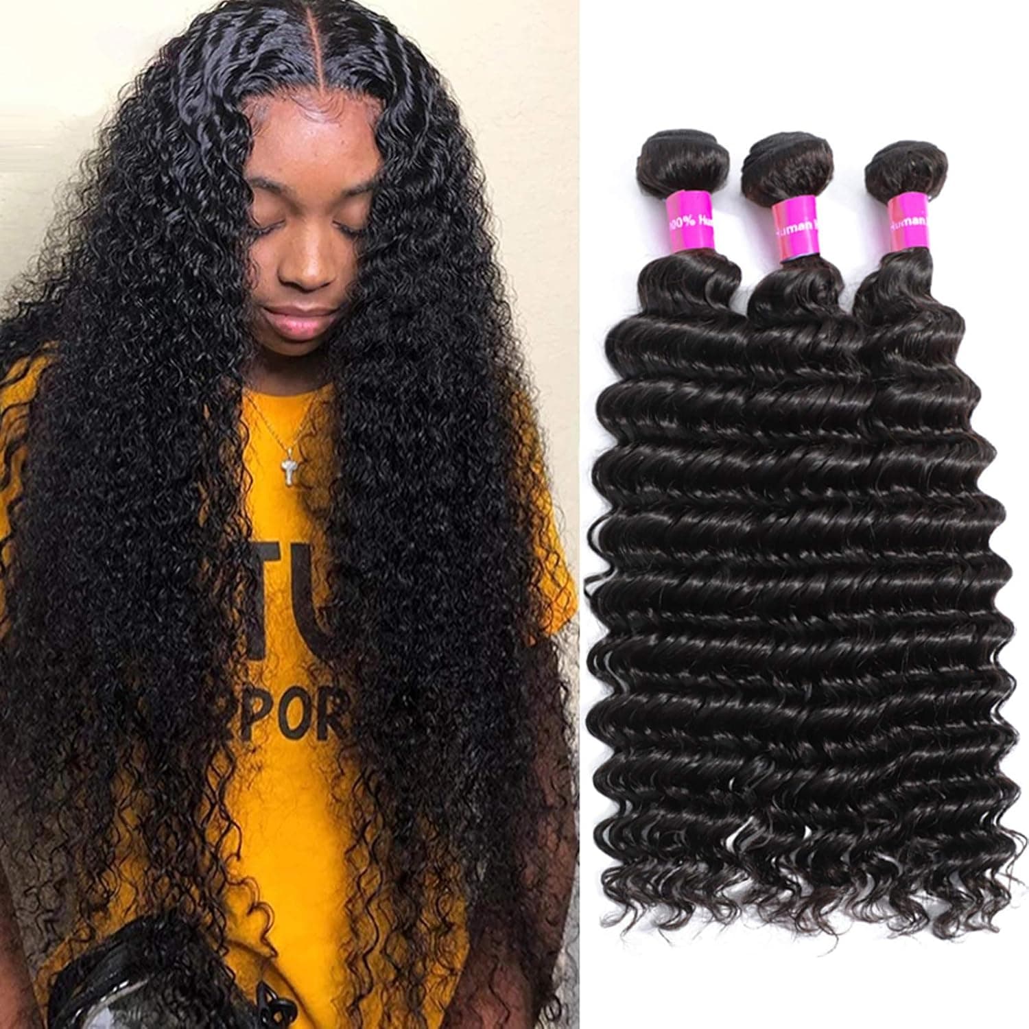 Deep Wave Bundles 22 24 26 Inch 3 Bundle 10A Unprocessed Human Hair Bundles Wet and Wavy Curly Bundles Brazilian Deep Wave Virgin Hair Bundles (22 24 26 Inch)