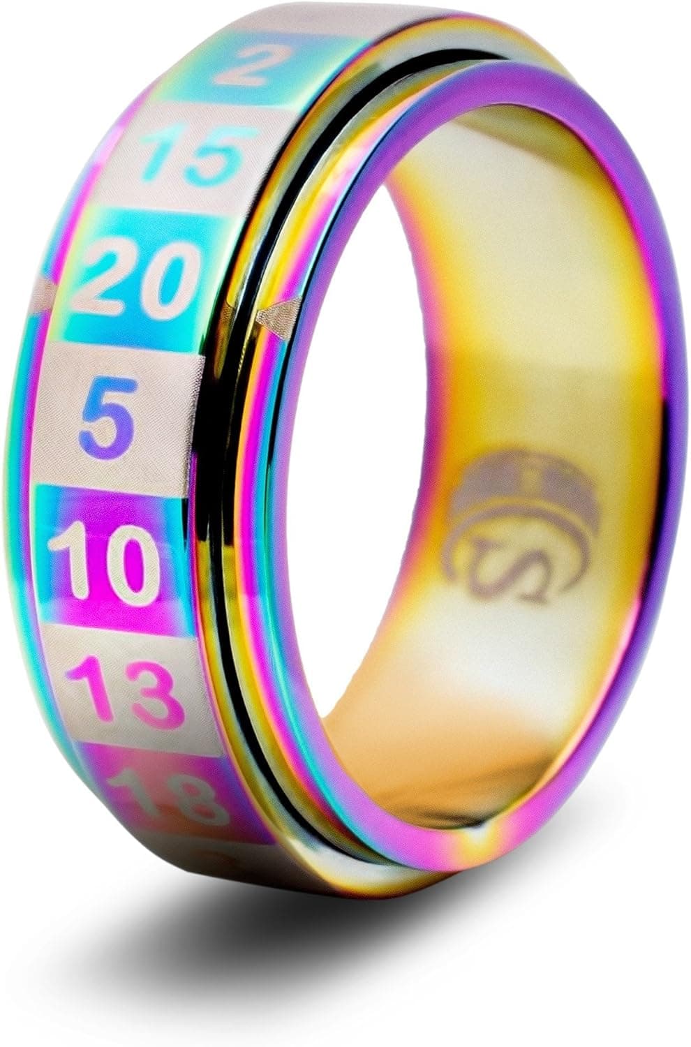 CritSuccess d20 Dice Ring with 20 Sided Die Spinner (Size 8 - Stainless Steel - Rainbow)