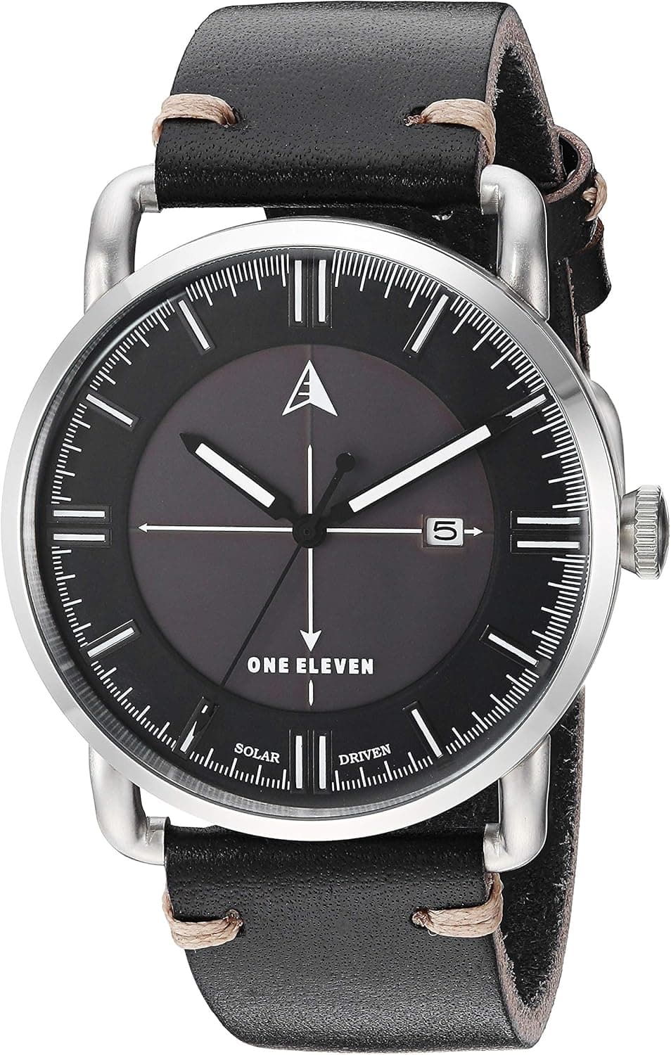 One Eleven Men's SW1 Solar Quartz Stainless Steel and Leather Casual Watch, Color: Silver, Black (Model: CBOE2003)