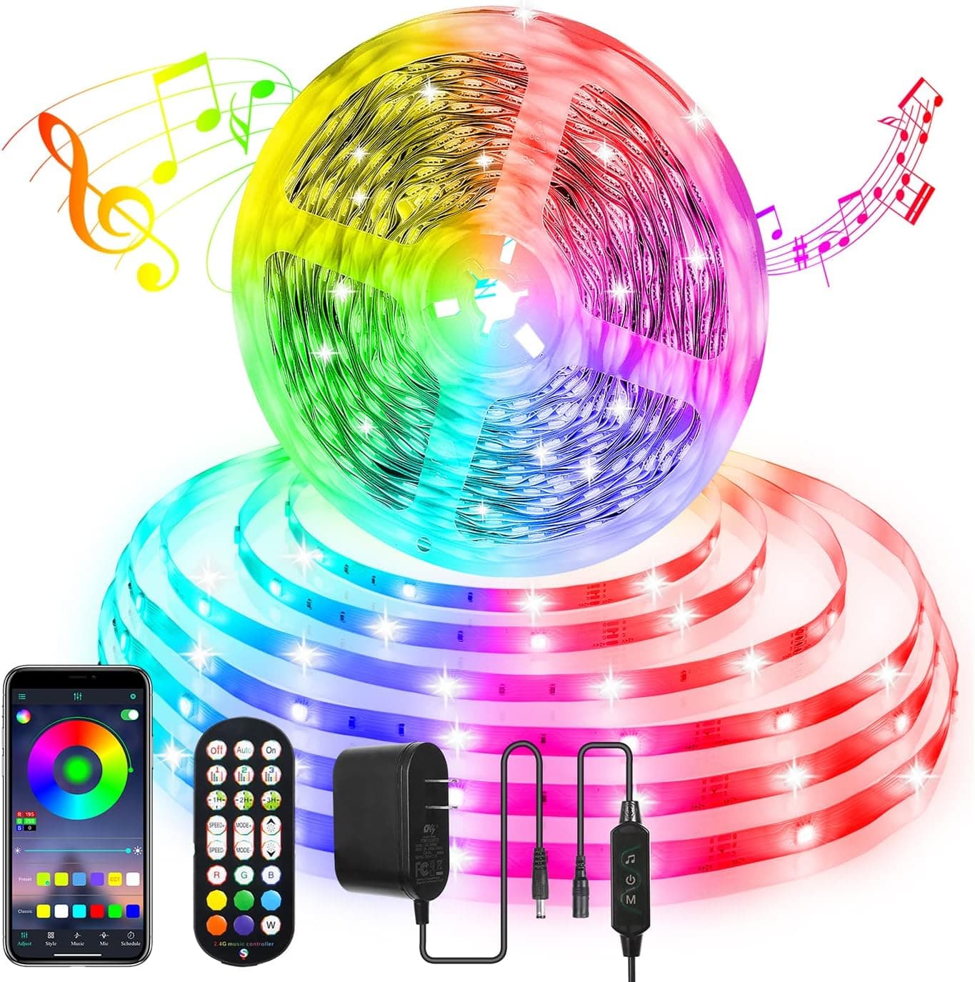 LED Strip Lights 65.5ft, Ultra Long 5050 RGB Music Sync Color Changing LED Light Strips with APP Control & 2.4G Remote, Easy Installation 24V Power Adapter Tape Light for Bedroom Kitchen Home Decor