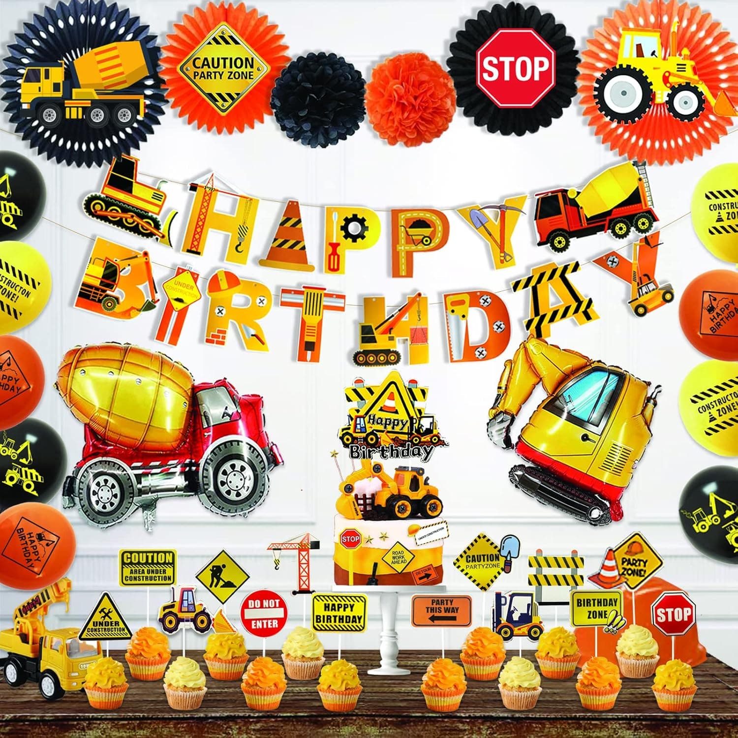 Hombae Construction Party Decorations, Construction Theme Birthday Party Supplies, Construction Cake Topper, Construction Balloons Banner Paper Fans Cut Outs, Construction Vehicle Foil Balloons