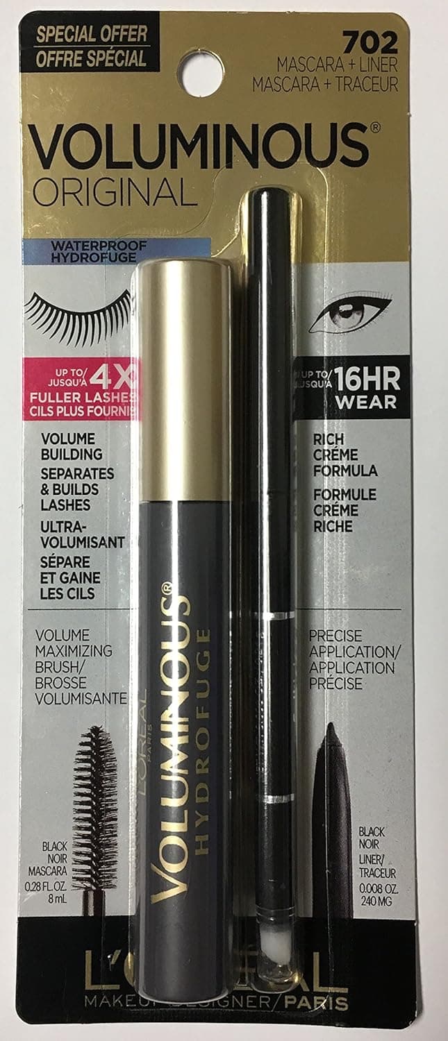 L'Oreal Paris Voluminous Original Mascara, Black, waterproof 0.28 Fluid Ounce with a Black eye liner