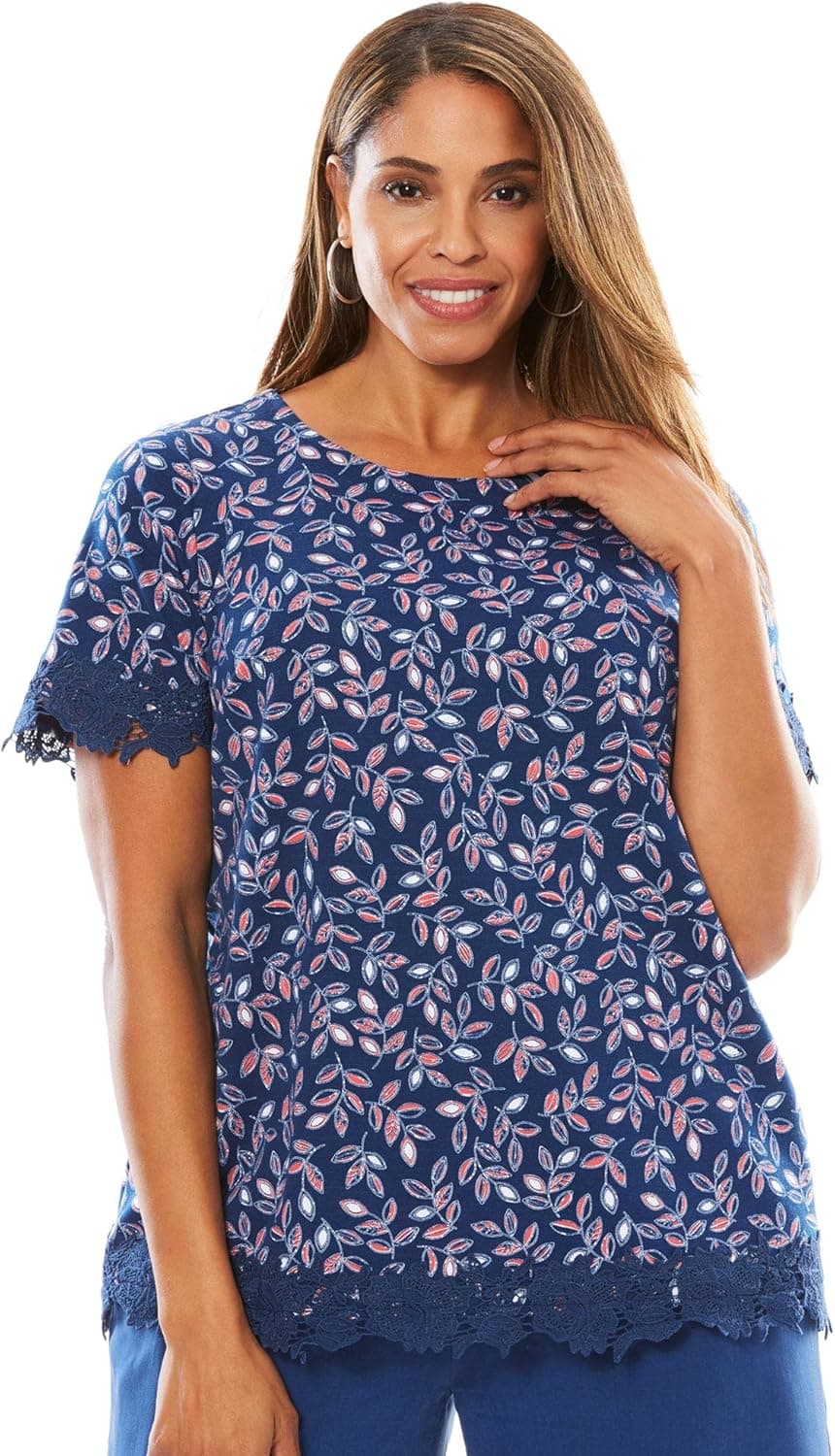Jessica London Women's Plus Size Lace Trimmed Ponte Tee - 22/24, Dark Cobalt Vine Blue