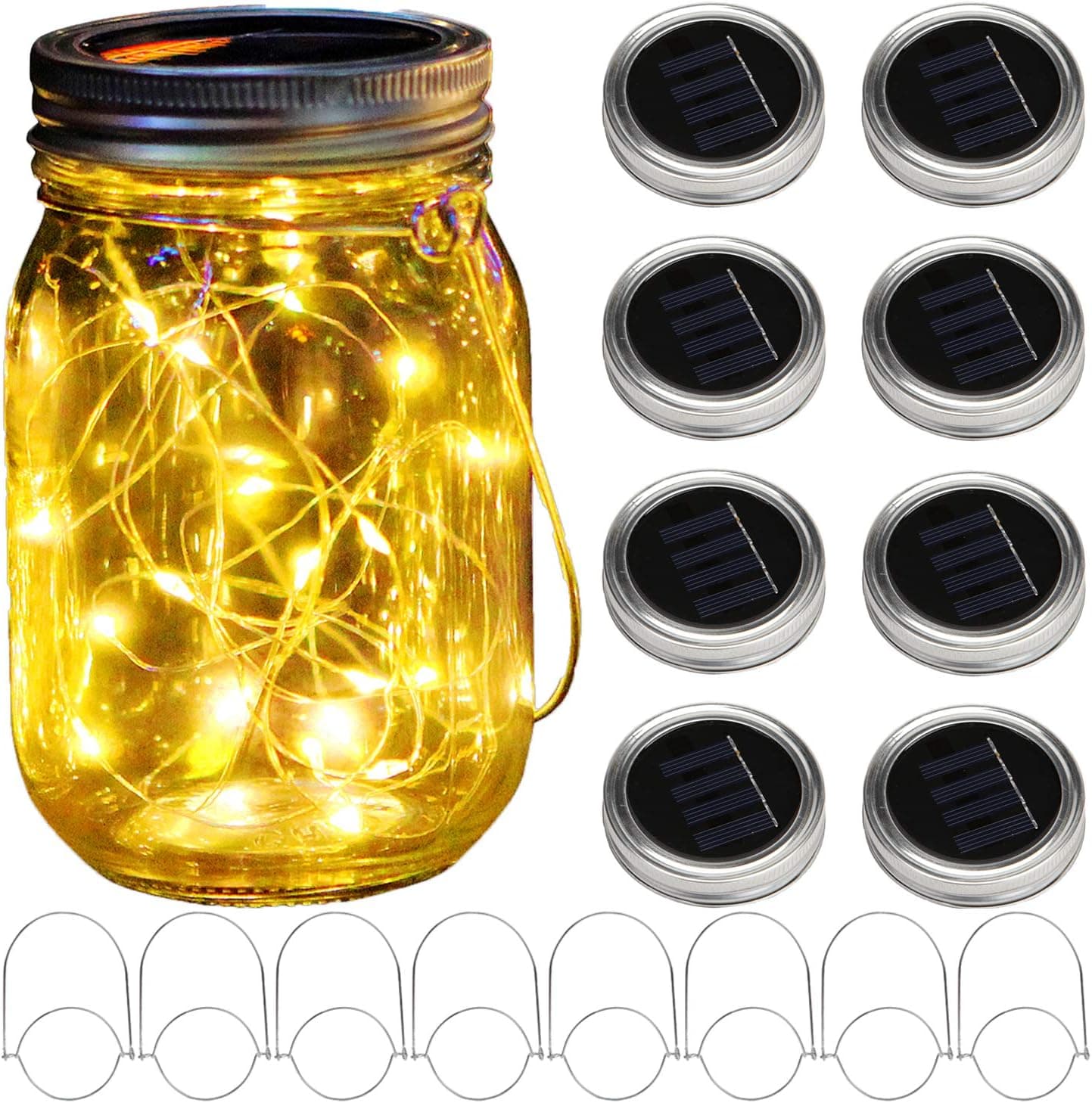 KZOBYD 8 Pack Solar Mason Jar Lid String Lights with 8 Handles,10 LED Fairy Starry Firefly Lights Kit Hanging for Outdoor Indoor Patio Wedding Decor(Jars Not Included) (Warm White)