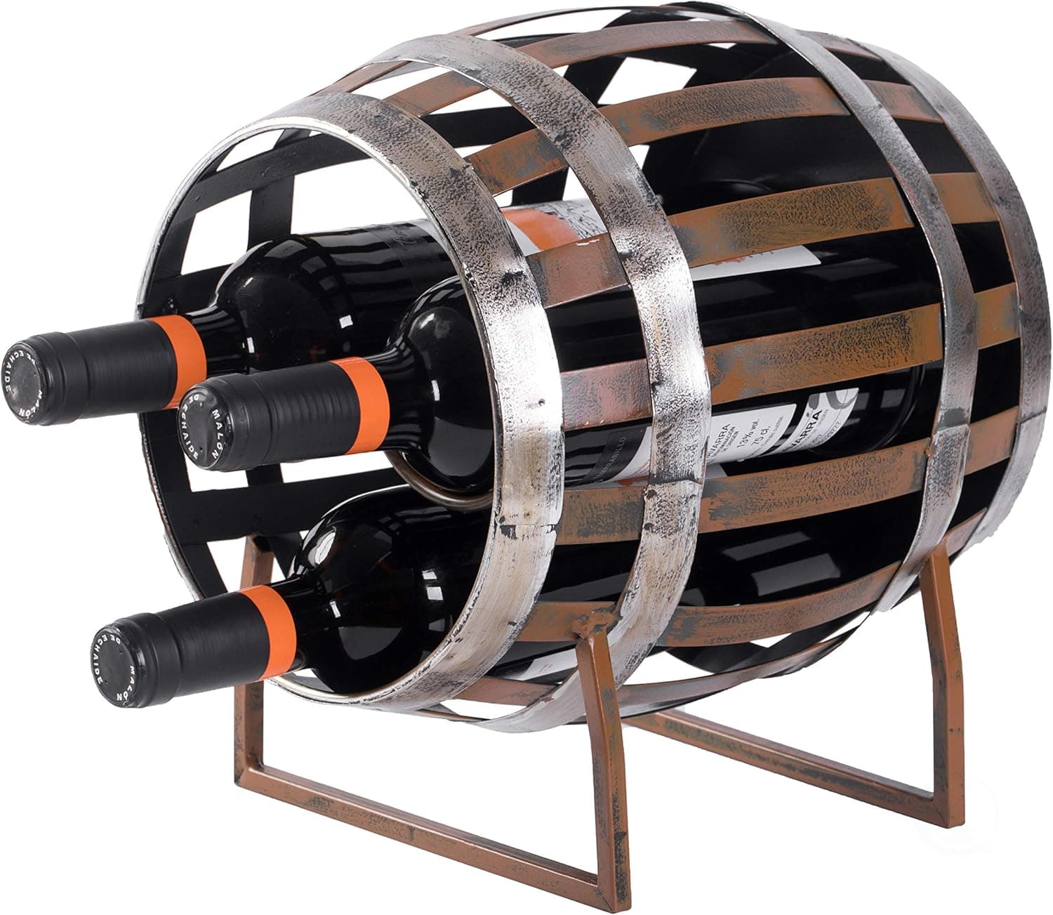 Vintage Decorative Metal Barrel Shaped Tabletop Countertop 3 Wine Bottle Holder